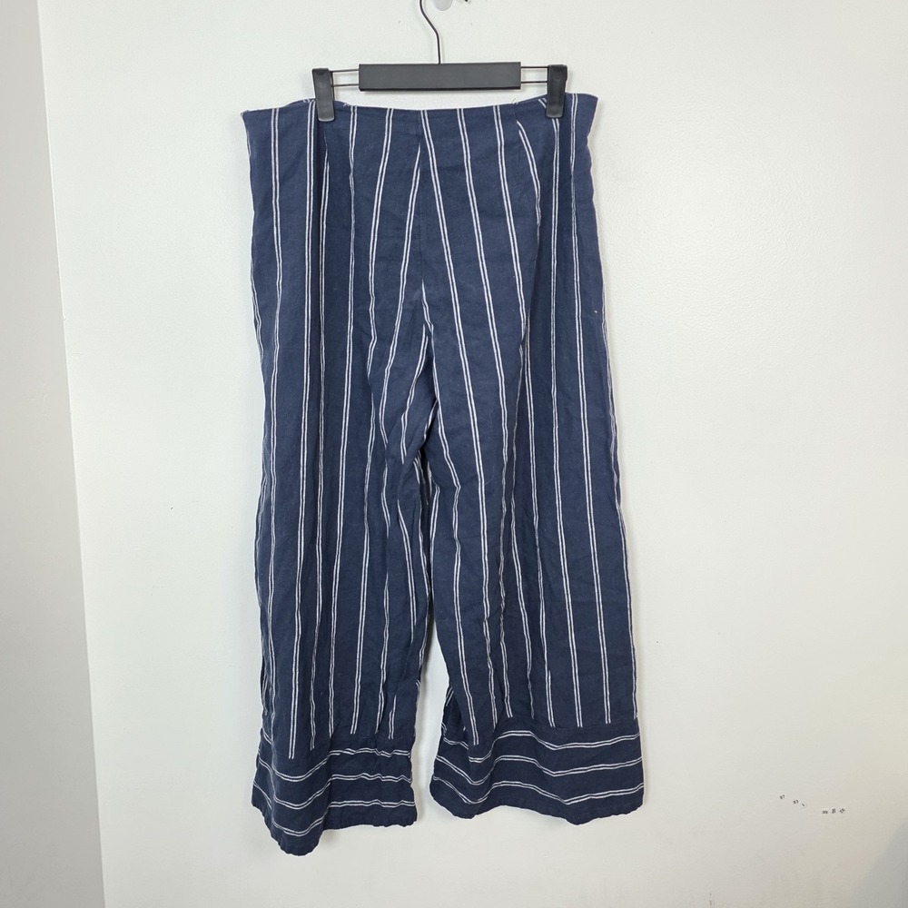 Roxy Blue White Striped Tell Me Ok High Waist Linen Wide Leg Cropped Pants XL - Picture 10 of 11